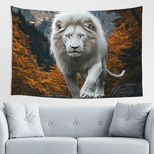 QBGJDOGE Wandteppich, Wandbehang, weißer Löwe, 111,8 x 152,4 cm, Poster, Wandteppiche, Hippie-Wandteppich, ästhetischer Wandbehang, Stoff, Kunstdruck for Festival, Party, Zuhause, Schlafzimmer, Wohnzi von QBGJDOGE