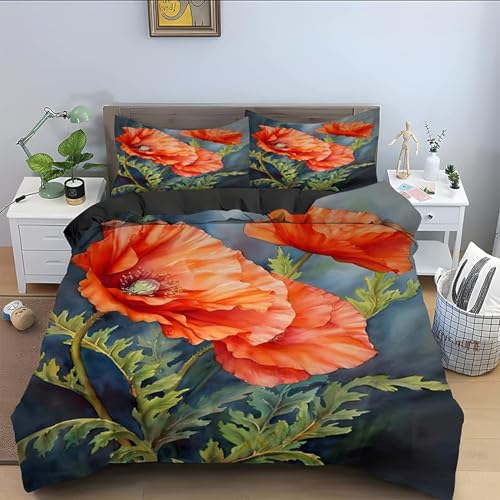Bettwäsche 155x220 Bettbezug Set 3teilig Rote Mohnblumen Bettbezug mit Reißverschluss, Weiche Angenehme Mikrofaser Bettwäsche-Sets für Erwachsene Jugendliche Kinder + 2 Kopfkissenbezug 80x80 cm von QBIDCSX