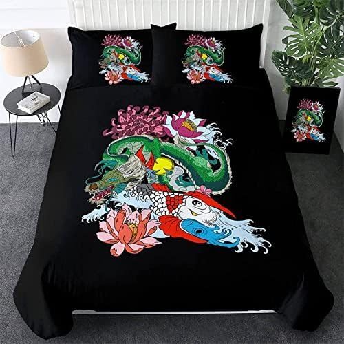 Bettwäsche 200x220 Bettbezug - Bettwäsche-Sets 200 x 220 Mikrofaser für Kinder Jungs Mädchen Asiatischer Drache Bettbezug mit 2 80x80 cm Kissenbezüge, Bettbezüge für Doppelbett mit Reißverschluss von QBIDCSX