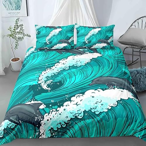QBIDCSX Bettwäsche 155x220 Bettbezug Set 3teilig Delfin Bettbezug mit Reißverschluss, Weiche Angenehme Mikrofaser Bettwäsche-Sets für Erwachsene Jugendliche Kinder + 2 Kopfkissenbezug 80x80 cm von QBIDCSX
