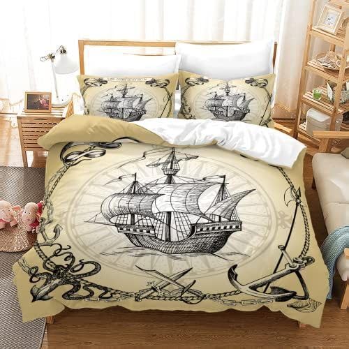 QBIDCSX Bettwäsche 155x220 Bettbezug Set 3teilig Segelboot Bettbezug mit Reißverschluss, Weiche Angenehme Mikrofaser Bettwäsche-Sets für Erwachsene Jugendliche Kinder + 2 Kopfkissenbezug 80x80 cm von QBIDCSX