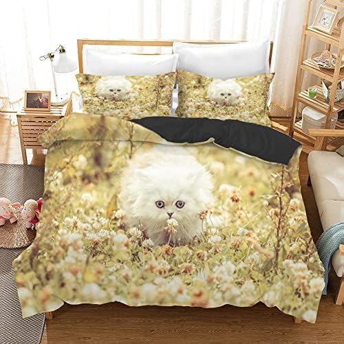QBIDCSX Bettwäsche 200x200 Weiße Katze Bettwäsche-Sets mit Reißverschluss Schließung für Kinder Mädchen Jugendliche Weicher Atmungsaktive Mikrofaser Bettbezug + 2 Kopfkissenbezug 80x80 cm von QBIDCSX