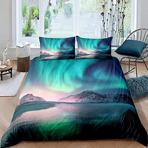 QBIDCSX Bettwäsche 200x220 Aurora Borealis Bettwäsche-Sets mit Reißverschluss Schließung für Erwachsene Jugendliche Kinder Weicher Atmungsaktive Mikrofaser Bettbezug + 2 Kopfkissenbezug 80x80 cm von QBIDCSX