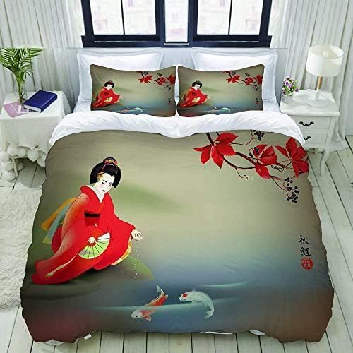 QBIDCSX Bettwäsche 200x220 Japanischer Stil Bettwäsche-Sets mit Reißverschluss Schließung für Erwachsene Jugendliche Kinder Weicher Atmungsaktive Mikrofaser Bettbezug + 2 Kopfkissenbezug 80x80 cm von QBIDCSX