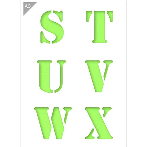 Alphabet Buchstaben S T U V W X Schablone - Plastik - A3 42 x 29,7cm - Ca. Höhe Buchstaben 9 cm - wiederverwendbare kinderfreundliche Schablone für Malerei, Handwerk, Fenster, Wände und Möbel von QBIX