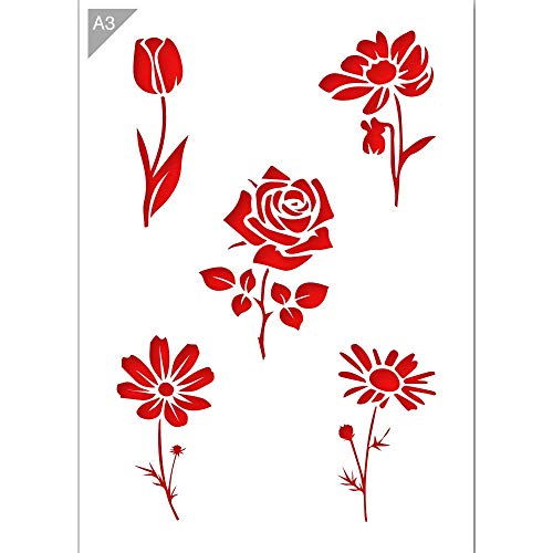QBIX Blumen Schablone - Tulpe Schablone - Rose Schablone - Gänseblümchen Schablone - A3 Größe - DIY Schablone zum Malen von QBIX