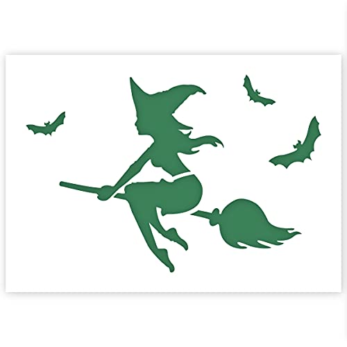 QBIX Halloween-Schablone – Hexen-Vorlage – A5 wiederverwendbar für Malerei, Airbrush, Kuchen, Basteln, Wand, Möbel Schablone von QBIX