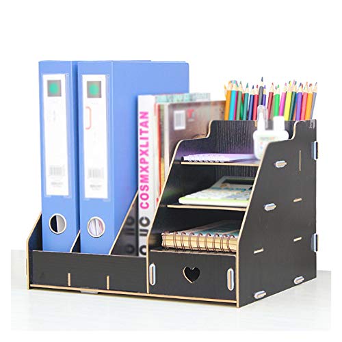 QBKLI Bücherregal, Aufbewahrungsbox für Schreibtischordner aus Holz mit Schubladen, Schreibwarenregal, Informationsregal mit Bücherständer von QBKLI