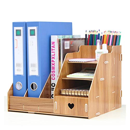 QBKLI Bücherregal, Aufbewahrungsbox für Schreibtischordner aus Holz mit Schubladen, Schreibwarenregal, Informationsregal mit Bücherständer von QBKLI