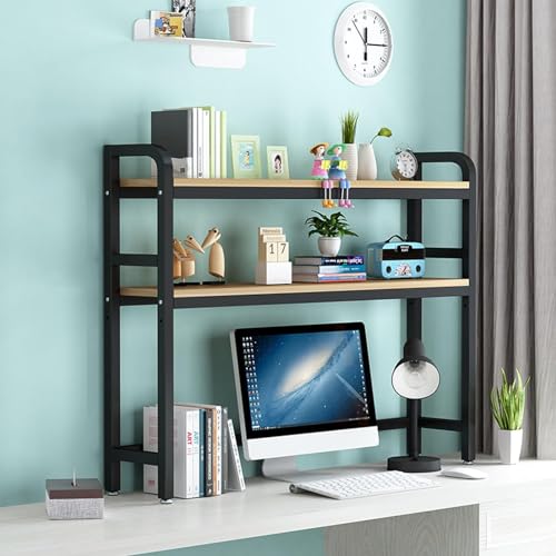 QBKLI Verstellbarer 2-stufiger Computertisch mit Bücherregal-Regal-Organizer in Schwarz – ideal für Wohnheim, Büro oder Zuhause – vielseitiges und platzsparendes Design von QBKLI