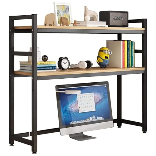QBKLI Verstellbares, freistehendes Bücherregal aus Holz und Metall mit 2 Ebenen – Bürodekor, Aufbewahrungsregal – Computer-Desktop-Organizer von Desk Bookshelf von QBKLI