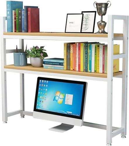 QBKLI Verstellbares Schreibtisch-Bücherregal – 2-stufiger Organizer aus Holz und Metall | Bücherregal für Computertische | Freistehendes Lagerregal für effiziente Organisation von QBKLI