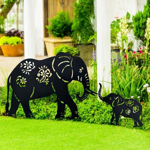 QBMYCN Elefant-Gartenstecker aus Metall,2er-Pack Schwarze Elefant-Silhouette Statue,für Hof Garten, Rasen, Outdoor-Dekoration. Geschenk für Elefantliebhaber. von QBMYCN