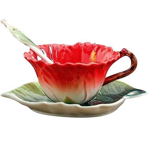 Keramik-Kaffeetassen-Set mit Untertasse Kreative Persönlichkeit Dschungel Serie Emaille Farbe Keramik Kaffeetasse Hause Blume Tee-Set Nachmittagstee Tasse Und Untertasse(Red) von QBSHLHT