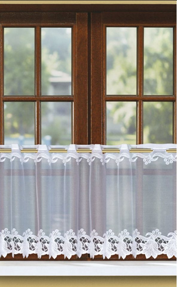 QBTEXTIL Scheibengardine Weiß 31153 Blumenmuster Durchbruchmuster Stangendurchzug, Durchbruchmuster mit Blumen- und Pflanzenmotiven von QBTEXTIL