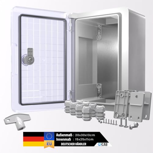 QCAB Wasserdichter Verteilerkasten für den Außenbereich | IP65 | ABS Kunststoff Gehäuse außen | Schaltkasten | Stromkasten | Steckdosenkasten Garten… (20 x 30 x 13 cm (Transparent)) von QCAB