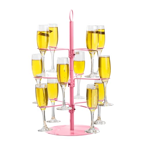 QCBF Cocktailbaumständer, Weinglas-Display für Getränke, 3 Ebenen – 12 Halter, Champagnerturm-Ständer für Champagner, Cocktails, Martini, Margarita-Tassen bei Hochzeiten, Brautdusche (Rosa) von QCBF