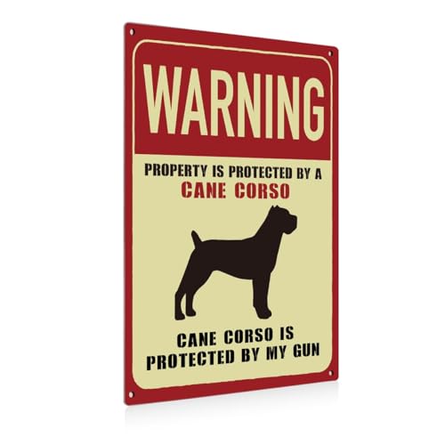 Aluminiumplatte mit lustigem Hunde-Warnschild, Metallschilder, Bauernhaus-Dekoration, Eigentum wird durch einen Cane Corso geschützt, Bauernhofdekoration, Heimdekoration, Geschenke für Hundeliebhaber von QCJRIS