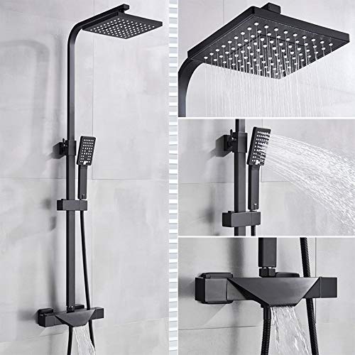 Duschenkleidung, An der Wand montiertes Thermostat-Badezimmer-Duschset mit 8-Zoll-Regenduschkopf, Handbrause, Wannenauslauf in Schwarz oder Chrom(Thermostatic Black a) von QCKNKMGG