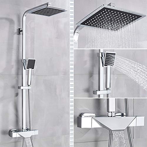 Duschenkleidung, An der Wand montiertes Thermostat-Badezimmer-Duschset mit 8-Zoll-Regenduschkopf, Handbrause, Wannenauslauf in Schwarz oder Chrom(Thermostatic Chrome) von QCKNKMGG