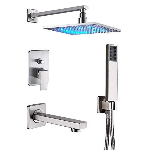 Duschenkleidung, LED 3-Wege-Steuerventilset mit eingebetteter Box aus Messing mit ABS-Handbrause und Regenduschkopf in mehreren Größen(10 Inch Shower Head) von QCKNKMGG