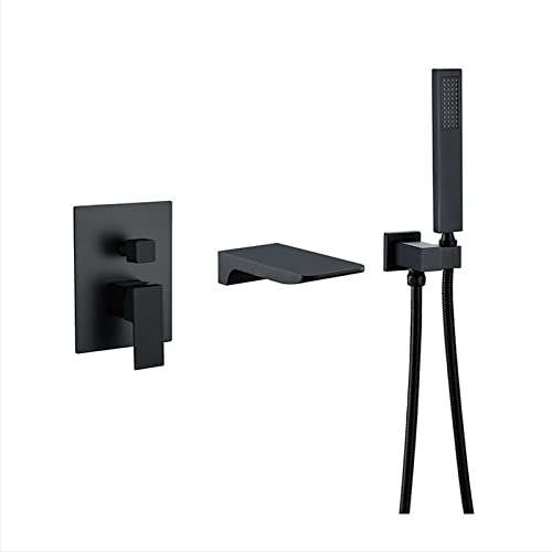 Duschenkleidung, Wandmontage 1-Griff Wasserfall Badewanne Wasserhahn Set mit Handbrause Kopf Messing Multicolor(Black) von QCKNKMGG
