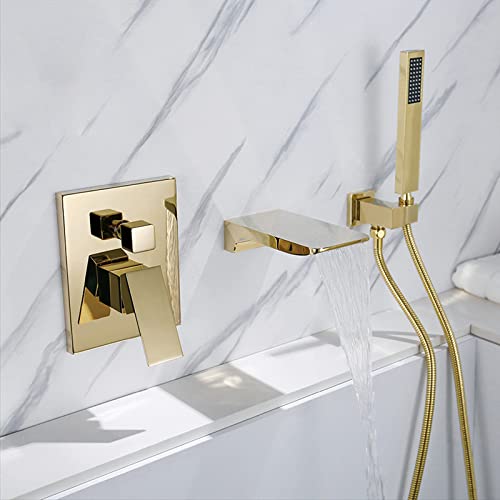 Duschenkleidung, Wandmontage 1-Griff Wasserfall Badewanne Wasserhahn Set mit Handbrause Kopf Messing Multicolor(Gold) von QCKNKMGG