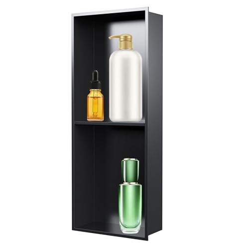 QCKNKMGG Edelstahl, Einbau-Duschnische aus Edelstahl 304, Übermontage, Schwarz und Grau, 11,02 x 27,55 x 4,92 Zoll(Black) von QCKNKMGG