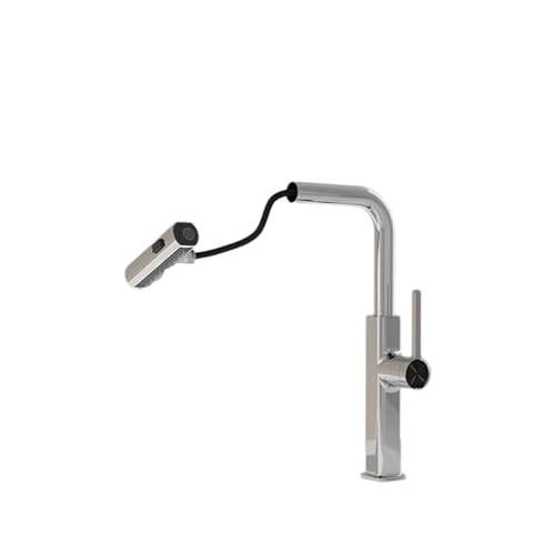 Waschbecken, Küchenarmatur Wasserhahn Ausziehbare Brause 3 Modi Automatischer Rückzug Messing Digitalanzeige Multicolor(Chrome Silver-without Digital Display) von QCKNKMGG