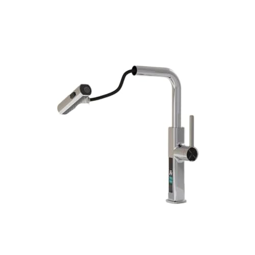 Waschbecken, Küchenspüle Mischbatterie Pull Out 3 Sprühmodi Messing Multicolor(Chrome Silver-intelligent Digital Display) von QCKNKMGG