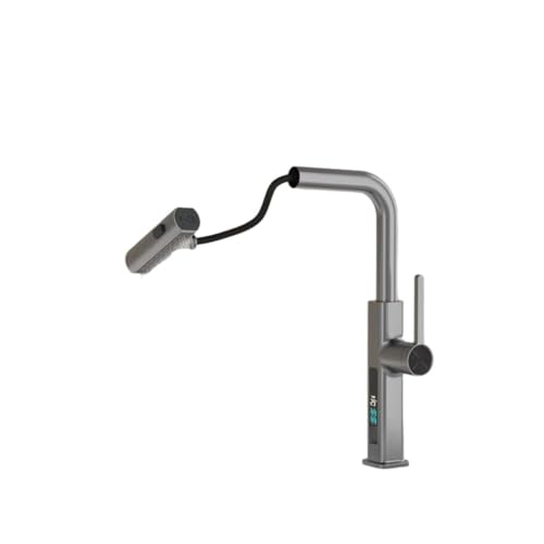 Waschbecken, Küchenspüle Mischbatterie Pull Out 3 Sprühmodi Messing Multicolor(Gun Gray-intelligent Digital Display) von QCKNKMGG