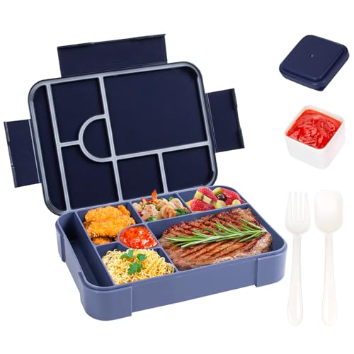 QCQHDU Bento Lunch Box, 1330ML Leakproof Bento Box für Kinder Erwachsene, Lebensmittel-Container mit 7 Fächern und Besteck-Set, Snack-Box für Kinder Schule Büro Mikrowelle spülmaschinenfest von QCQHDU