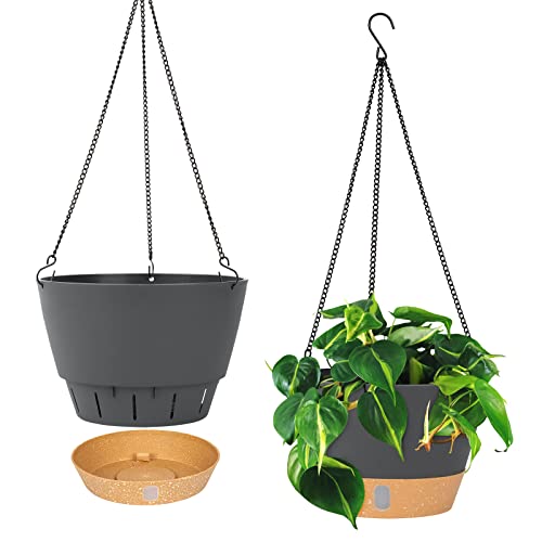 QCQHDU 2-Pack Hängende Pflanzgefäße Set,25.4 cm Indoor Outdoor Hängende Pflanzgefäße Korb,Hängende Blumentopf mit Drainage Loch mit 3 Haken für Garten Zuhause (Grau) von QCQHDU