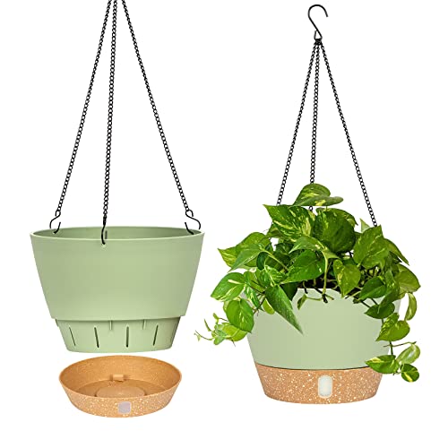 QCQHDU 2-Pack Hängende Pflanzgefäße Set,25.4 cm Indoor Outdoor Hängende Pflanzgefäße Korb,Hängende Blumentopf mit Drainage Loch mit 3 Haken für Garten Zuhause (Grün) von QCQHDU