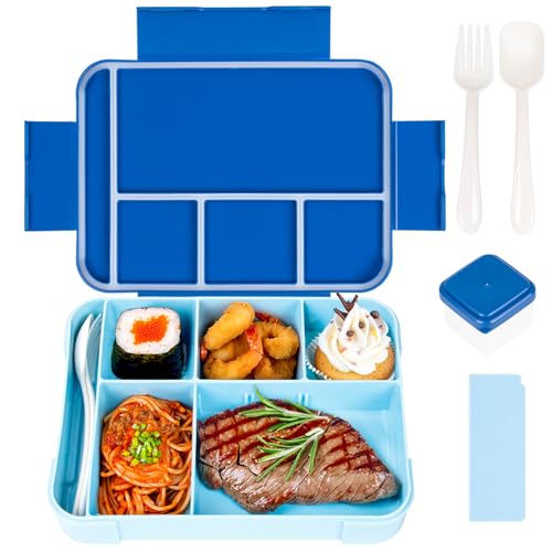 QCQHDU Brotdose Kinder mit Fächern,1330ml Lunchbox Kinder, Auslaufsicher Jausenbox mit 6 Fächern Besteckset,BPA-frei Bento Box Erwachsene,Mikrowellenfest für Schule Arbeit Picknick(Blau) von QCQHDU