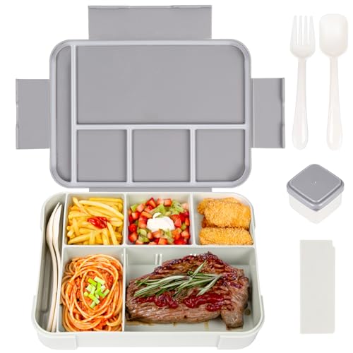 QCQHDU Brotdose Kinder mit Fächern,1330ml Lunchbox Kinder, Auslaufsicher Jausenbox mit 6 Fächern Besteckset,BPA-frei Bento Box Erwachsene,Mikrowellenfest für Schule Arbeit Picknick(Grau) von QCQHDU