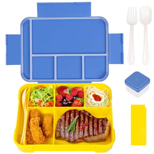 QCQHDU Brotdose Kinder mit Fächern,1330ml Lunchbox Kinder, Auslaufsicher Jausenbox mit 6 Fächern Besteckset,BPA-frei Bento Box Erwachsene,Mikrowellenfest für Schule Arbeit Picknick(Blau/Gelb) von QCQHDU