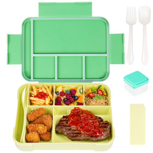 QCQHDU Brotdose Kinder mit Fächern,1330ml Lunchbox Kinder, Auslaufsicher Jausenbox mit 6 Fächern Besteckset,BPA-frei Bento Box Erwachsene,Mikrowellenfest für Schule Arbeit Picknick(Grün) von QCQHDU