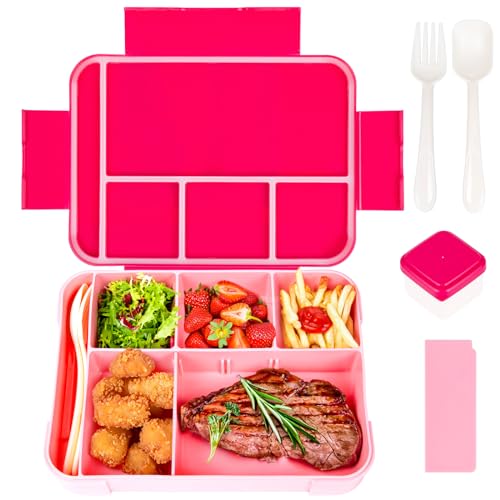 QCQHDU Brotdose Kinder mit Fächern,1330ml Lunchbox Kinder, Auslaufsicher Jausenbox mit 6 Fächern Besteckset,BPA-frei Bento Box Erwachsene,Mikrowellenfest für Schule Arbeit Picknick(Rosa) von QCQHDU