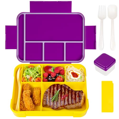 QCQHDU Brotdose Kinder mit Fächern,1330ml Lunchbox Kinder, Auslaufsicher Jausenbox mit 6 Fächern Besteckset,BPA-frei Bento Box Erwachsene,Mikrowellenfest für Schule Arbeit Picknick(Violett/Gelb) von QCQHDU