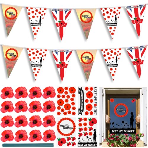 Gedenktag-Dekorationsset, Lest We Forget Wimpelkette, 5 m, Mohn-Aufkleber, 4 Bögen, Seidenmohnblumen, künstlich mit Stiel, 16 Stück, wasserdicht, Mohnblumen-Flagge, doppelseitig statisch Gedenktag-Dekorationsset, Lest We Forget Wimpelkette, 5 m, Mohn-Aufkleber, 4 Bögen, Seidenmohnblumen, künstlich mit Stiel, 16 Stück, wasserdicht, Mohnblumen-Flagge, doppelseitig statisch von QCYFJZFU