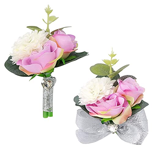 2 Stück Hochzeit Boutonniere Blumen, Brautjungfer Hochzeit Handgelenk Blume, Bräutigam Boutonniere, Elastische Brautjungfer Handgelenk Blume für Hochzeit, Tanz, Partydekoration (Helles Lila) von QDDS