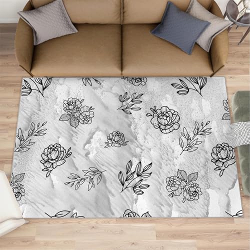 Blumenteppich Schwarz Rose Pfingstrose Blumenteppich Dschungelpflanzen Grau einfache Teppiche weiche Textur Teppiche, niedriger Flor, waschbarer Teppich für Schlafzimmer Heimdekoration 180x220 cm von QDJKBL