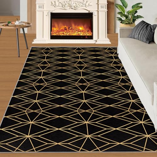 Geometrischer Schlafzimmerteppich Schwarz Und Gold Einfache Linien Innenbereichsteppiche Böhmischer Teppich Mit Einfachem Spleißmuster Feiner Flausch Kurzer Samtteppich für Wohnzimmer 160x220 cm von QDJKBL