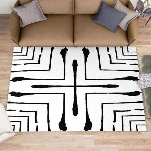 Minimalistischer geometrischer Teppich schwarz-weiß gestreifter Teppiche Tintenstreifen geometrischer Teppich einfache Teppiche mit regelmäßigem Muster für Wohnzimmer Schlafzimmer Küche 60x140 cm von QDJKBL