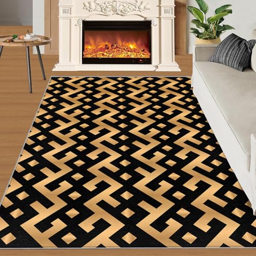 Moderne Minimalistische Geometrische Teppiche Schwarz-Goldener Liniendruck-Teppich Moderner Geometrischer Großer Teppich Niedriger Flor Waschbarer Fußmatte für Schlafzimmer Und Wohnzimmer 150x200 cm Moderne Minimalistische Geometrische Teppiche Schwarz-Goldener Liniendruck-Teppich Moderner Geometrischer Großer Teppich Niedriger Flor Waschbarer Fußmatte für Schlafzimmer Und Wohnzimmer 150x200 cm von QDJKBL