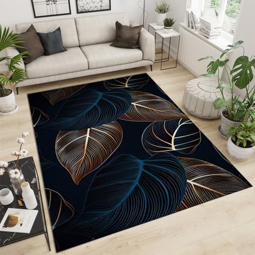 QDJKBL 3D-Laubteppich, waschbarer Teppich mit handbemalten Pflanzen in Schwarz und Gold, großflächiger Teppich, leicht zu reinigen mit Rutschfester Unterseite, geeignet für den Bürobalkon von QDJKBL