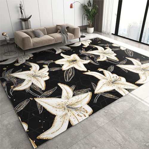 QDJKBL 3D-Teppich mit Trompetenblüten und Pflanzen, Schlafzimmerteppich mit Lilienblumen und geometrischem Hintergrund, moderner Teppich mit bequemen Füßen für den Flur im Schlafsaal, 60 x 100 cm von QDJKBL
