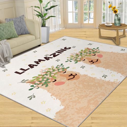 QDJKBL Blumen-Alpaka-Teppiche, süßer Alpaka-Teppich, lustiger Kinder-Cartoon-Tierteppich, verschleißfester und Rutschfester Teppich für Schlafzimmer, Wohnzimmer, Esszimmer, Nachttisch 60x140 cm von QDJKBL