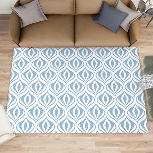 QDJKBL Geometrische Flächenteppiche einfacher geometrischer Teppiche aus der Mitte des Jahrhunderts blau-weiß gewellter gestreifter Teppich für Schlafzimmer Rutschfester waschbarer Teppich 150x200 cm von QDJKBL